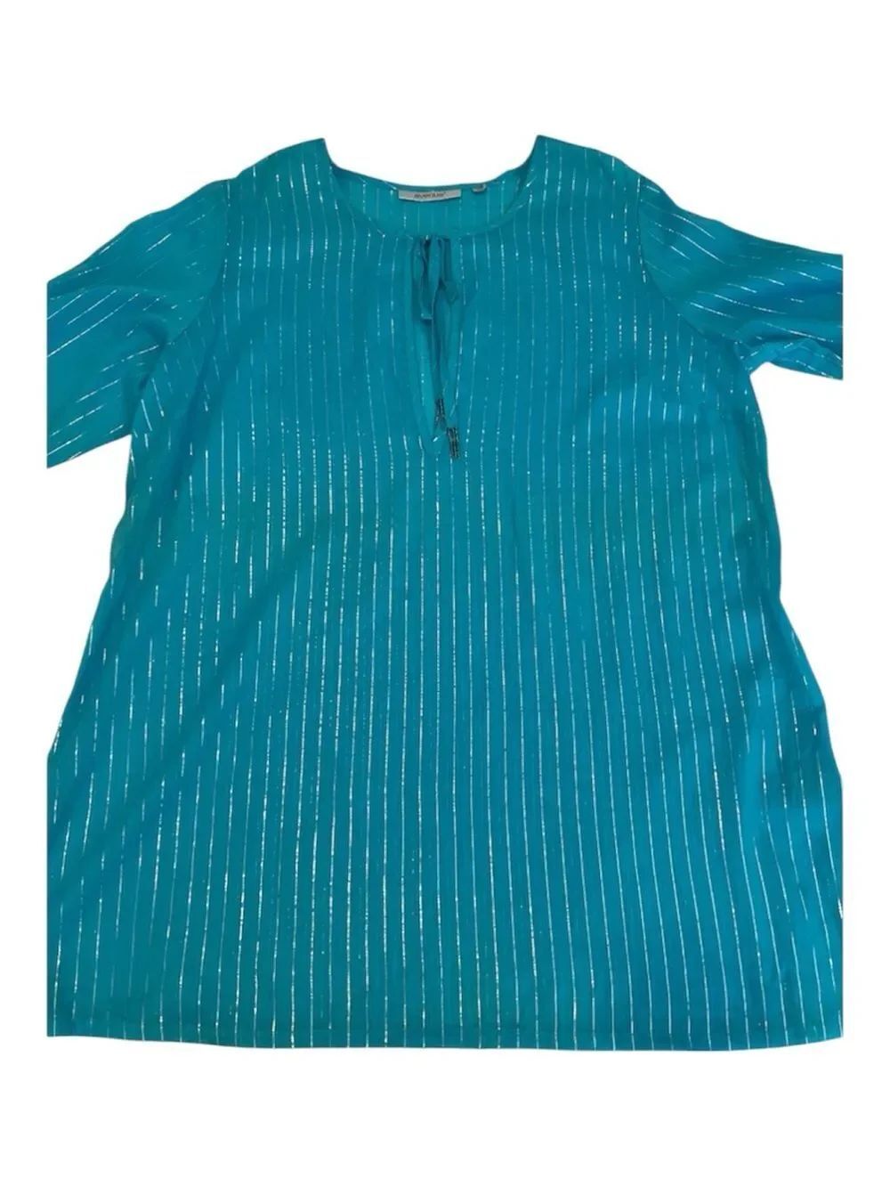 NWOT Avenue Sz22/24 Sheer Turquoise Metallic Stripe Tie-Neck 3/4 sleeve Tunic